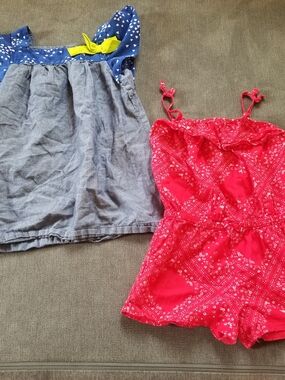 4T Girl Red Bandana-Print Romper And Blue Cambray Dress Bundle